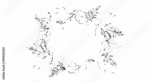 Delicate ink sketch of botanical elements forming a circular frame