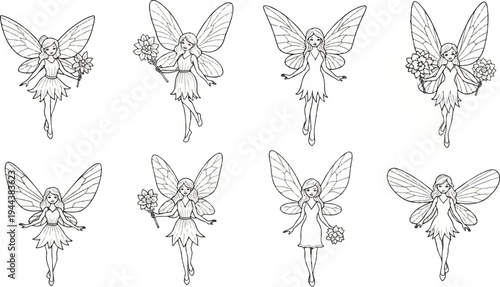 Collection of eight whimsical line-art fairies with delicate wings