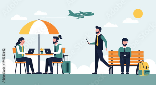 Digital Nomads and Remote Workers: Global Professionals Enjoying Flexible Outdoor Workspace with Travel Elements