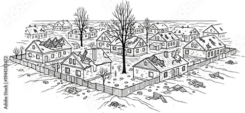 Destroyed village with damaged houses and bare trees under a stark sky