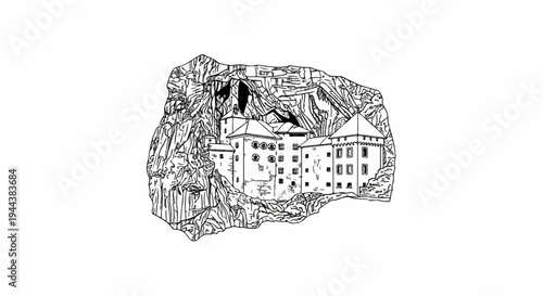 Castle nestled into a rocky cliffside with layered structures