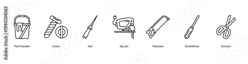 Cutting and Assembly web banner icon vector illustration featuring Paint Bucket, Screw, Awl, Jig Saw, Hacksaw, Screwdriver, and Scissors.