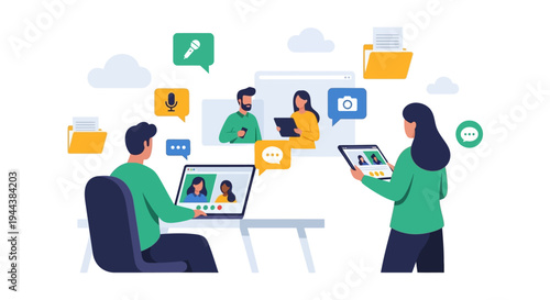 Digital Communication & Online Collaboration Concept. People connect via video calls, share files, and use social media with cloud computing services, ideal for remote work.