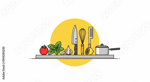 Collection of fresh ingredients and cooking utensils on a shelf
