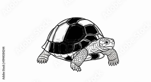 Detailed black and white ink drawing of a turtle on a white background