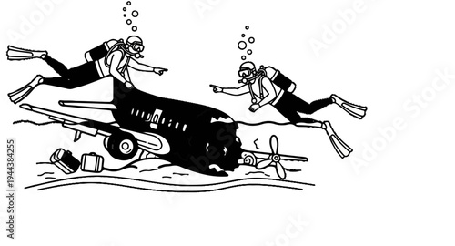 Divers investigate a submerged airplane wreckage with scattered luggage