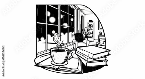 Cozy reading nook with steaming coffee, books, and armchair by window