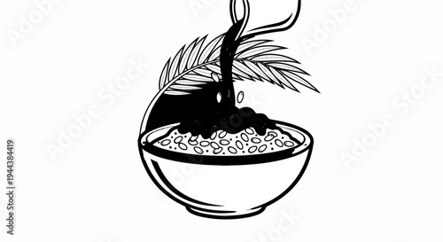 Dark liquid pours onto grains in a bowl with a leafy sprig