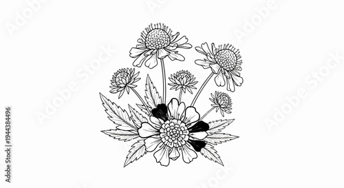 Delicate line drawing of a bouquet of diverse flowers and leaves