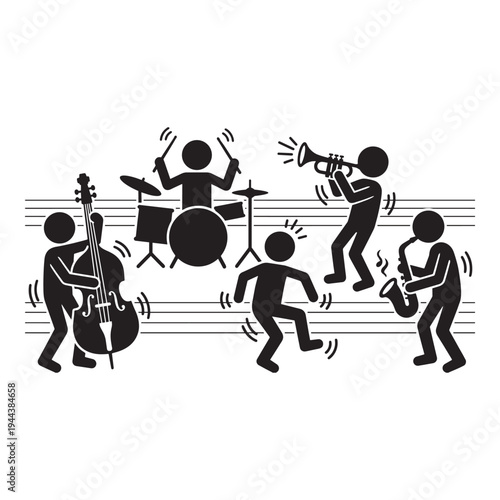 Stick Figure Jazz Band Playing on Musical Staff Vector