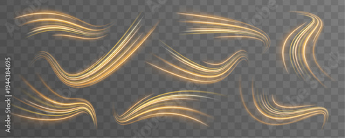 Curved yellow light lines twist on a transparent background. Glowing wavy trails simulate motion and energy flow. Perfect for futuristic technology visuals.
