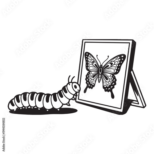 Caterpillar Looking in Mirror Seeing Butterfly Reflection Concept Vector