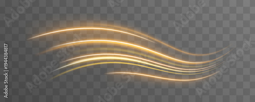 Curved golden light ribbons rotate and shine dynamically on a dark PNG. Glowing trails enhance motion and energy perception. Perfect for futuristic abstract art.