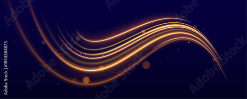 Glittering particle trails flow along yellow and orange curves. Dynamic motion and glowing streaks highlight futuristic energy. Perfect for sci-fi or technology visuals.