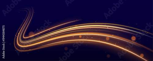 Bright golden neon streaks flow along a curved path. Motion blur creates dynamic energy and glowing trails. Perfect for speed and futuristic tech designs.