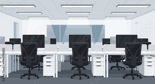 Minimalist Open-Plan Office Interior with Empty Desks and Computers