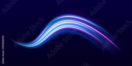 Neon blue and purple light ribbons twist dynamically across a PNG. Glowing trails create speed and futuristic motion. Perfect for cyberpunk and tech visuals.