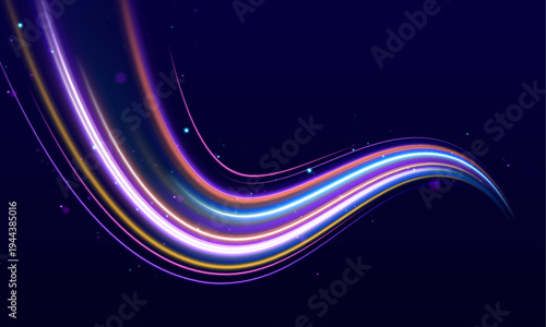 Curved orange, pink and cyan light lines twist across a dark PNG. Glowing trails enhance motion and futuristic energy. Perfect for technology and sci-fi visuals.
