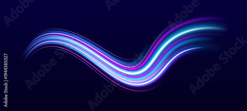 Blue and purple neon streaks swirl on a dark urban PNG. Motion blur and particle trails convey dynamic energy and high-speed motion. Perfect for futuristic city designs.
