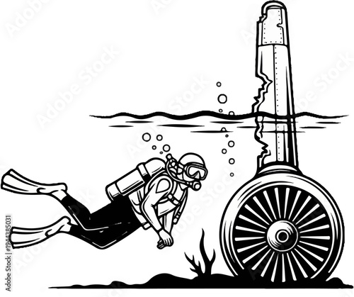 Diver explores giant key with wheel base underwater