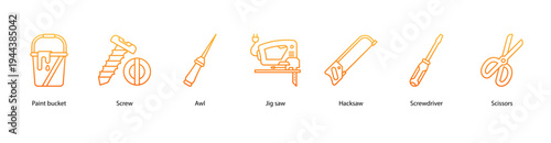Cutting and Assembly web banner icon vector illustration featuring Paint Bucket, Screw, Awl, Jig Saw, Hacksaw, Screwdriver, and Scissors.