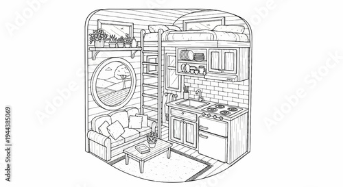 Cozy tiny living space with loft bed, kitchen, and sofa