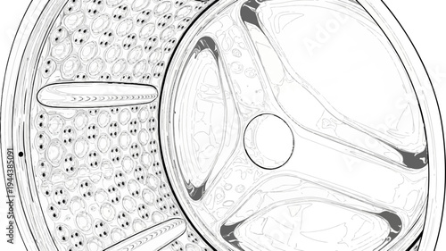 Close-up illustration of a washing machine drum interior with perforated walls and blades