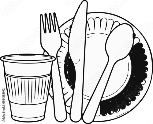 Disposable cup, fork, knife, spoon, and plate for a meal