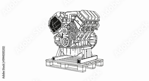 Detailed line art illustration of a V-shaped internal combustion engine on a wooden pallet