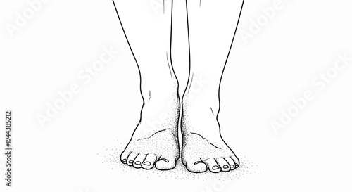 Close-up line art of bare feet standing in a patch of stippled sand on a white background