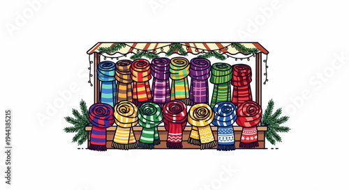 Colorful scarves displayed on a market stall with festive lights and greenery