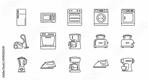 Collection of household appliances illustrated as simple black and white line art icons