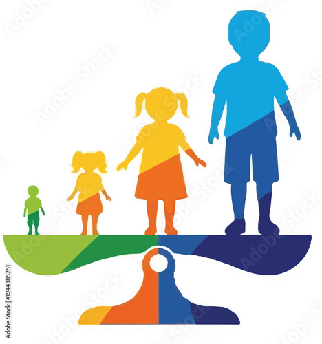 Colorful silhouette children of varying sizes balanced on a scale