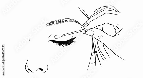 Close-up line drawing of a face applying eye makeup with a cotton swab