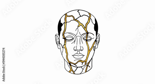 Cracked human head with gold veins, symbolizing repair and resilience