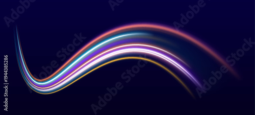 Dynamic yellow, purple and cyan neon lines curve across a night city PNG. Motion blur and glowing particles create high-speed futuristic effects. Perfect for tech and cyberpunk visuals.