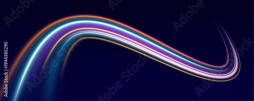 Magenta, cyan and purple neon streaks twist across a dark PNG cityscape. Glowing motion trails and particles emphasize speed, energy, and futuristic aesthetics. Perfect for cyber visuals.