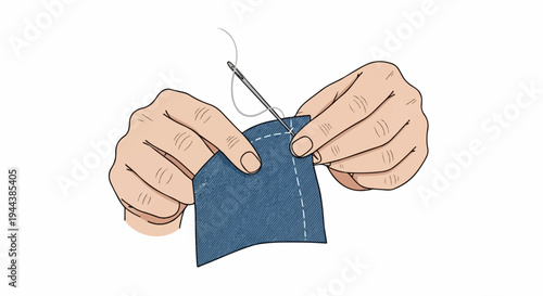 Close-up of hands sewing blue fabric with needle and thread