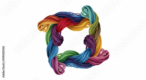 Colorful threads braided into a square frame on white background