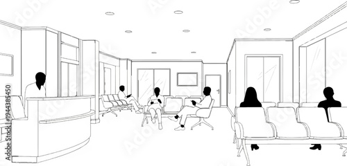 Drawing of a waiting room with a reception desk and silhouetted people