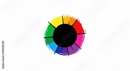 Colorful wheel shows spectrum of colors, artistic brush strokes, segmented