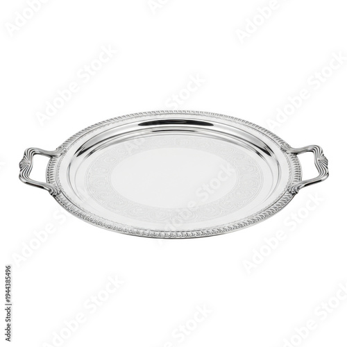 A silver serving platter with handles on a transparent background