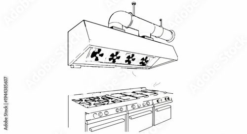 Commercial kitchen range with overhead ventilation hood and exhaust fans