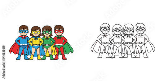 Diverse Group of Superhero Kids - Teamwork and Childhood Play