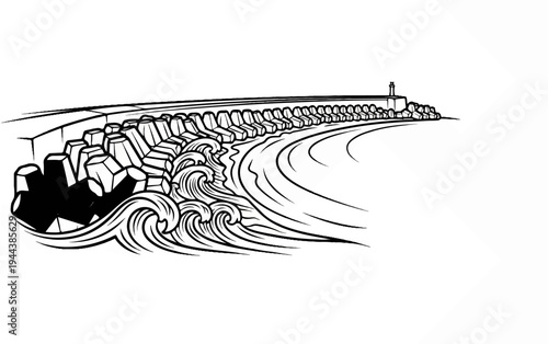 Coastal defense with tetrapods and waves leading to a distant lighthouse