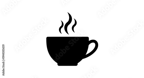 Black Silhouette of a Steaming Coffee Cup on a White Background