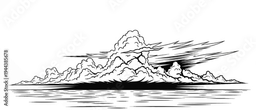 Dramatic storm clouds gather over rippling water, a stark black and white illustration