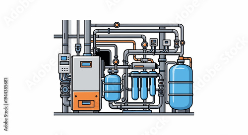 Complex industrial plumbing system with tanks, filters, and pipes
