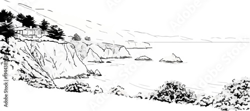 Coastal cliffside house overlooking a calm ocean with rocky outcrops