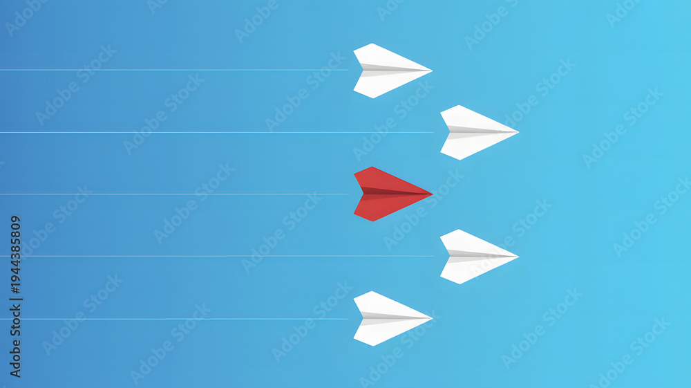 Fototapeta premium Paper airplanes flying in formation, one red plane leading, blue background